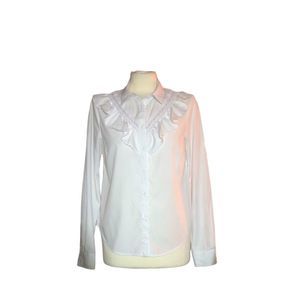 Frill ruffle crochet prairie blouse, White with faint pinstripe, Womens M, NWT